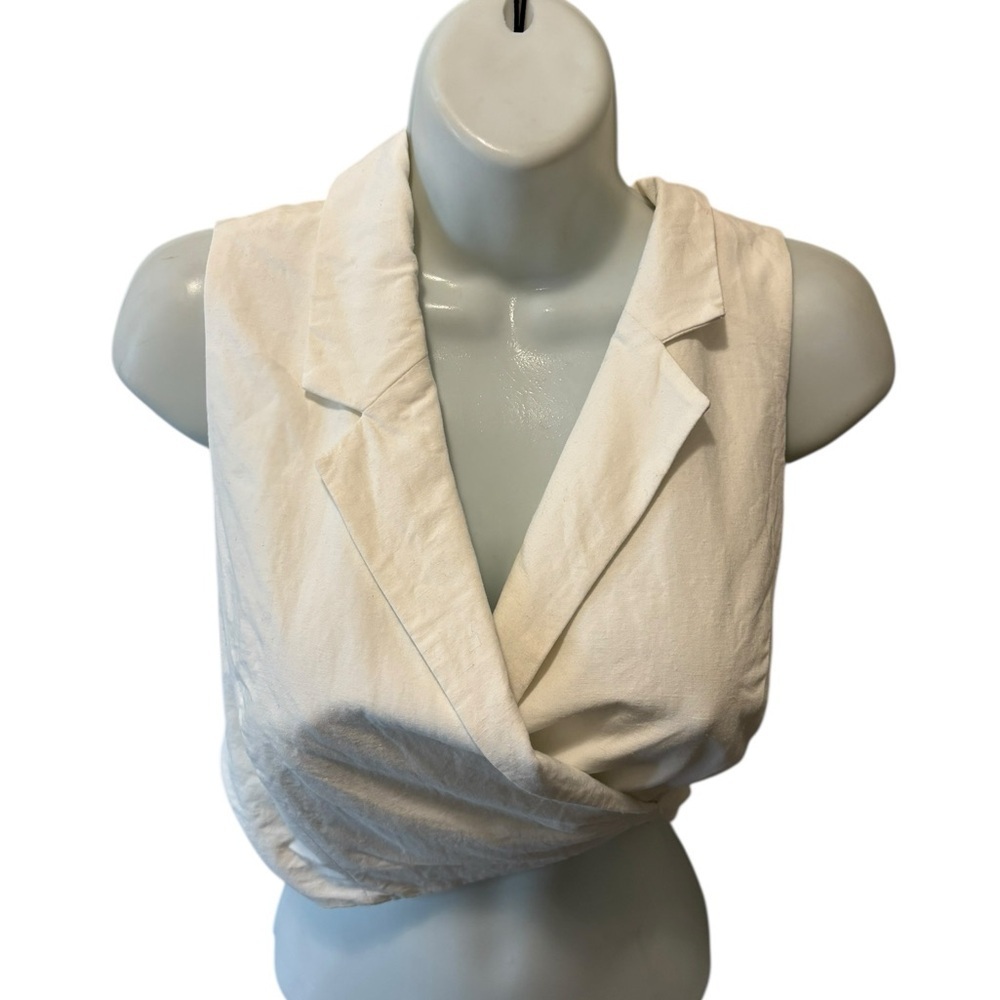 ZARA Tailored Linen Blend Wrap Crop Waistcoat Vest White Size L Sleeveless